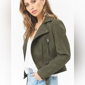 Women Cropped Green Suede Moto Jacket
